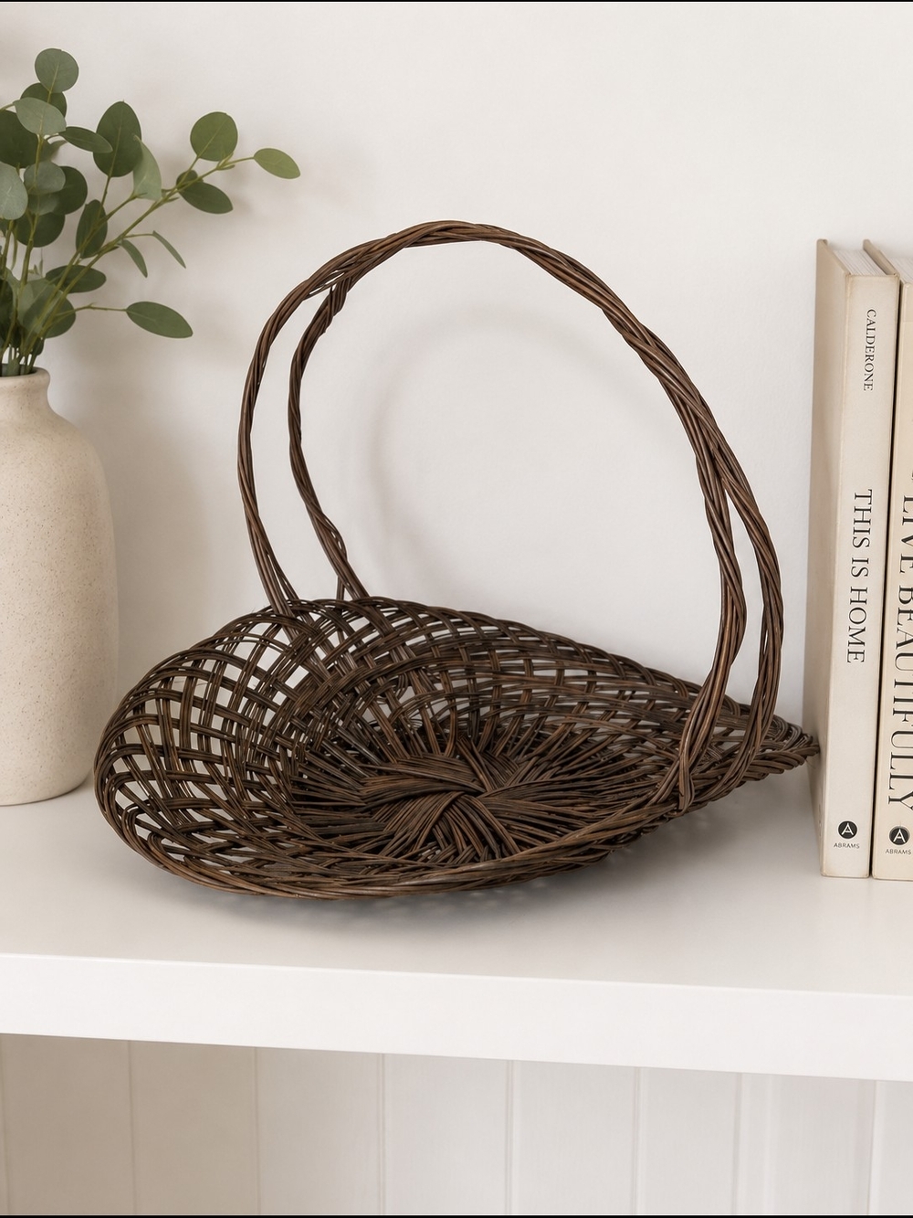 Rustic Dark Brown Woven Decorative Basket with Handle | Farmhouse Cottagecore